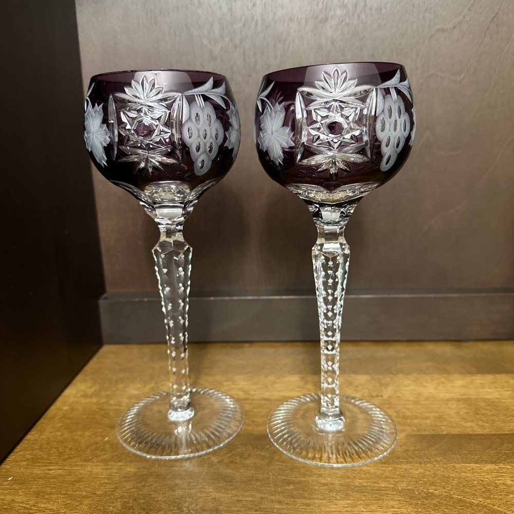 2 Ajka Crystal Large Wine Glasses Marsala Amethyst Purple 8-1/4"